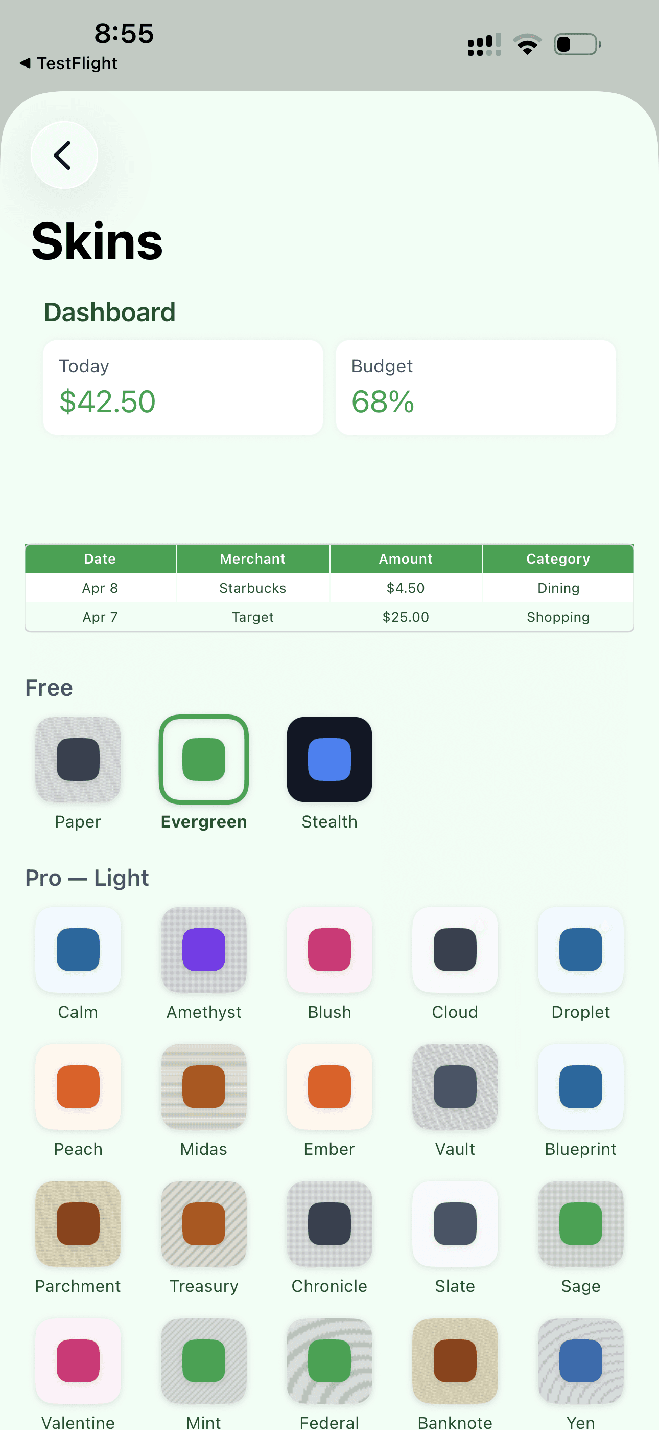 SpendSheet Skins Menu