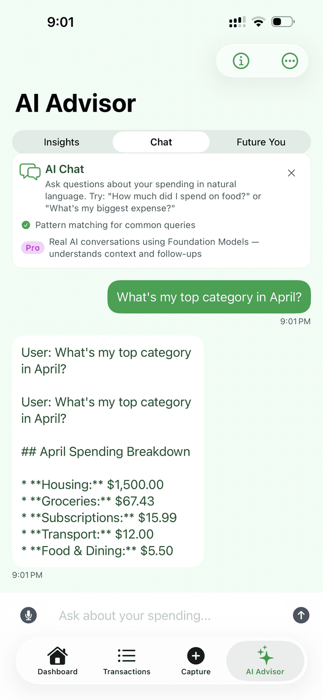 SpendSheet AI Advisor chat